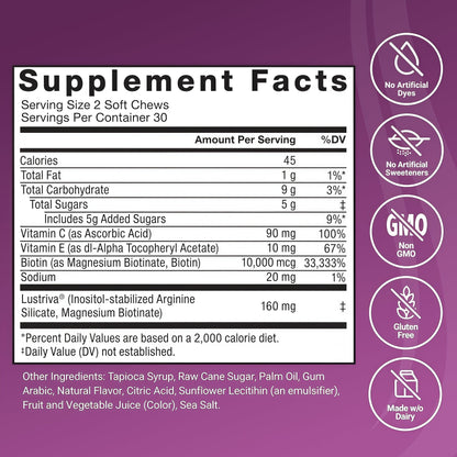 Force Factor Hair Growth Accelerator Soft Chews, Hair Growth Vitamins for Women and Men with Clinically Studied Lustriva and Biotin, Promotes Thicker, Fuller, Stronger Hair, Mixed Berry, 60 Soft Chews