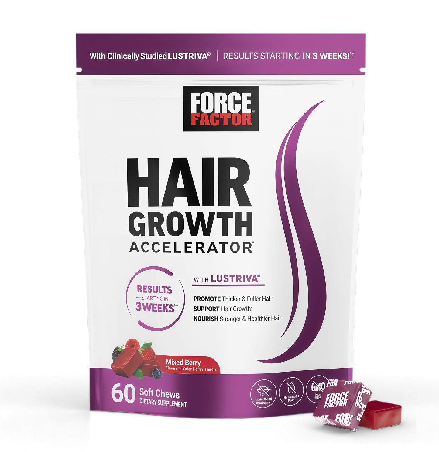 Force Factor Hair Growth Accelerator Soft Chews, Hair Growth Vitamins for Women and Men with Clinically Studied Lustriva and Biotin, Promotes Thicker, Fuller, Stronger Hair, Mixed Berry, 60 Soft Chews