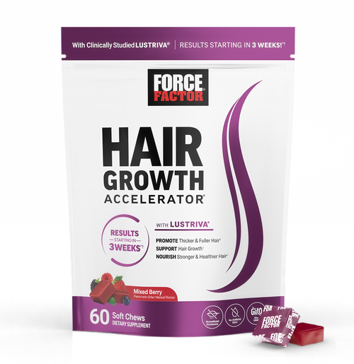 Force Factor Hair Growth Accelerator Soft Chews, Hair Growth Vitamins for Women and Men with Clinically Studied Lustriva and Biotin, Promotes Thicker, Fuller, Stronger Hair, Mixed Berry, 60 Soft Chews
